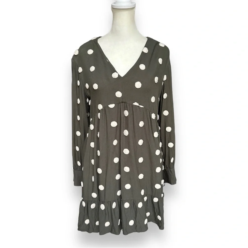 Zara Khaki Green Embroidered Polka Dot Long Sleeve Baby-Doll Dress | Medium - Picture 5 of 14